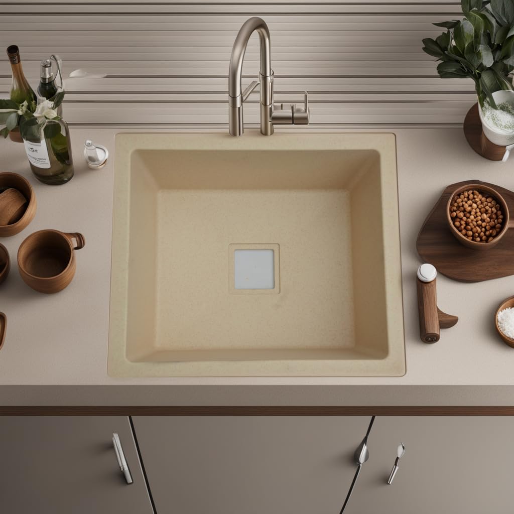 REMANENCE Granite Quartz Single Bowl Kitchen Sink With Drain Board (21 x 18 x 9 Inch)