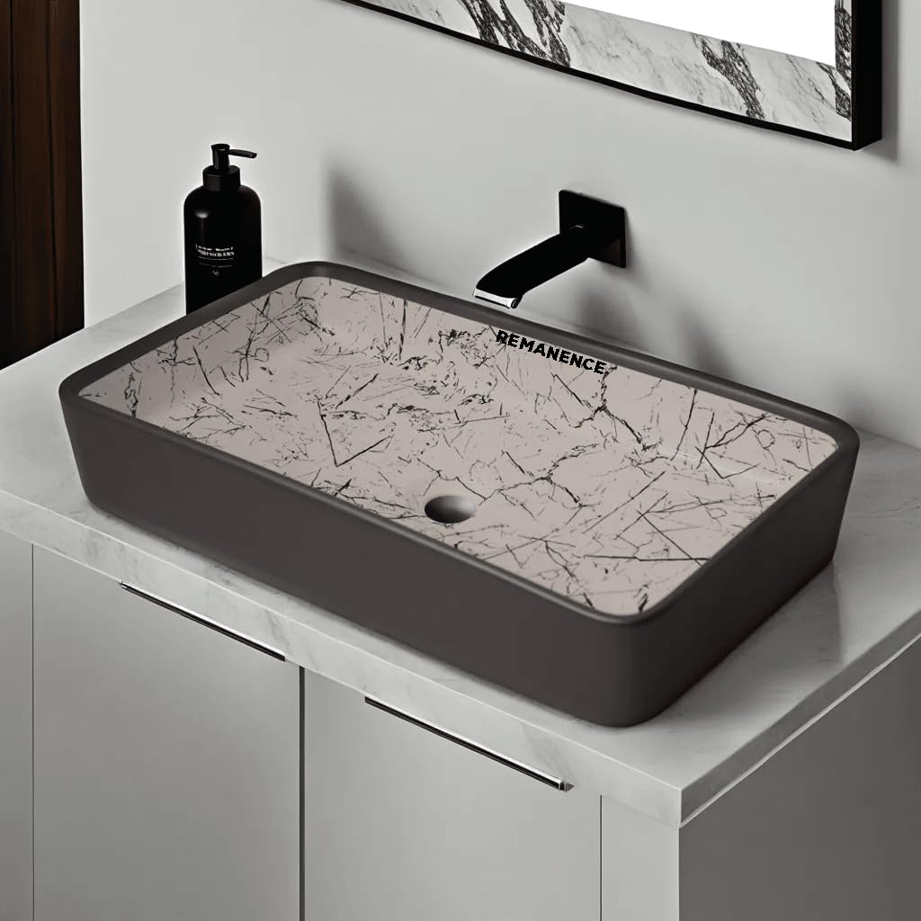 REMANENCE Designer Ceramic Table Top Wash Basin For Bathroom (24 x 14 x 5 Inch) (Designer Grey N White Stripe SL 62)