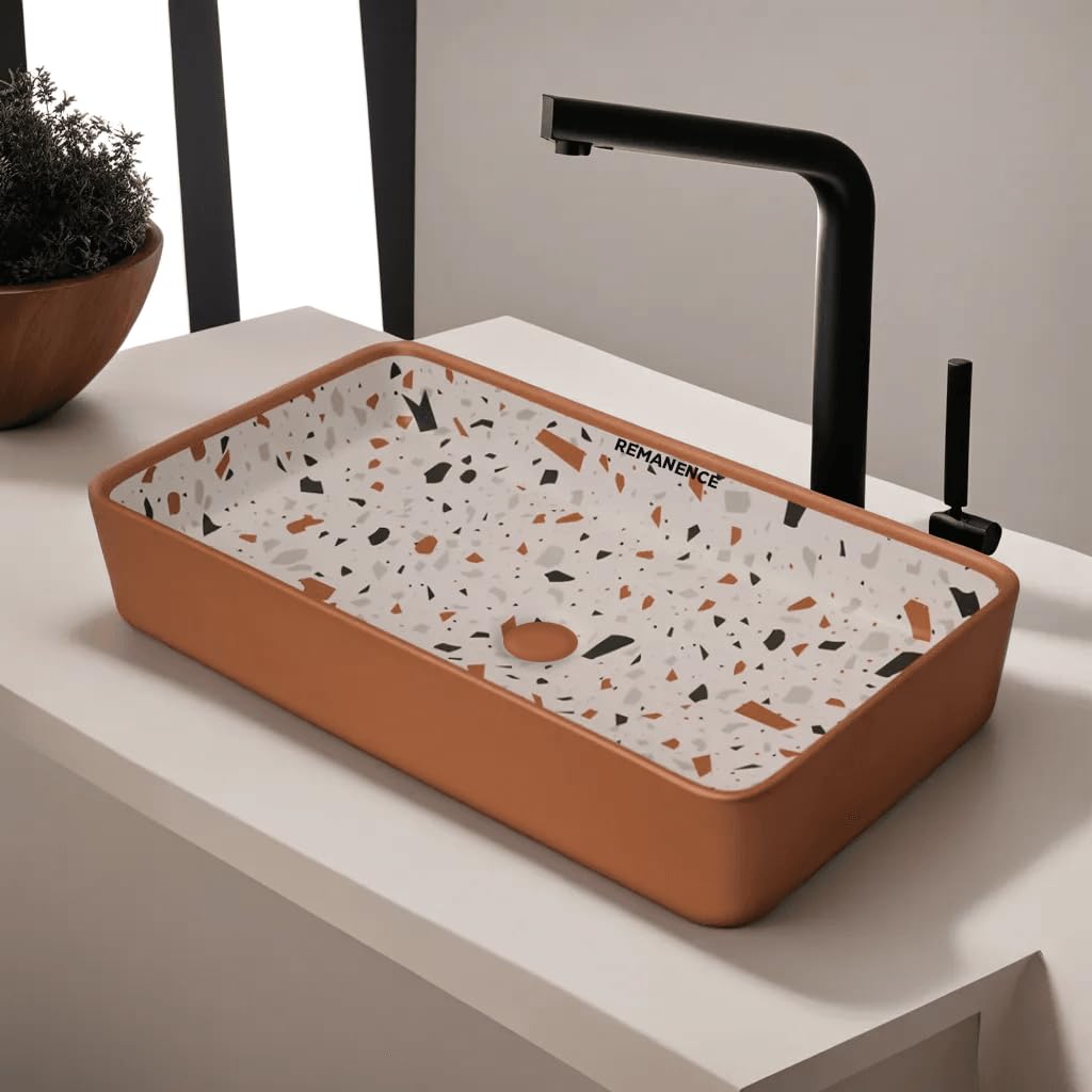 REMANENCE Designer Ceramic Table Top Wash Basin For Bathroom (24 x 14 x 5 Inch) (Designer GoldYellow SL 63)