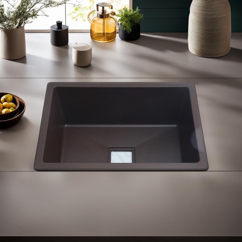 REMANENCE Granite Quartz Single Bowl Kitchen Sink With Drain Board (24 x 18 x 9 Inch)