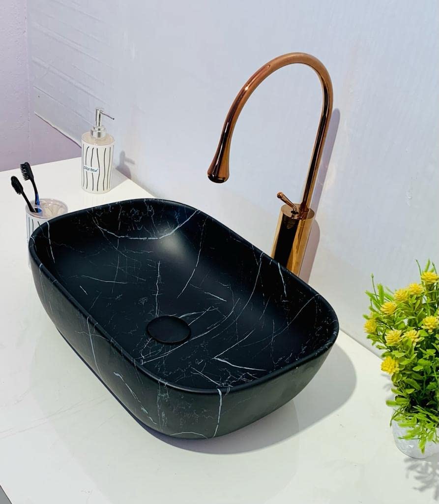 REMANENCE Premium Ceramic Countertop Wash Basin for Premium Restaurants & Cafés, Luxury Bathrooms, Showrooms & Offices (18 x 13 x 5.5 Inch) (Matte White N Black Strap)