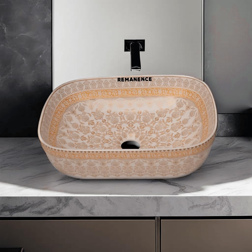 REMANENCE Premium Designer Table Top Wash Basin For Designer Bathrooms, Luxury Homes, Boutique Hotels (18 x 13 x 5.5 Inch) (AD 92 Moroccan Gold-Yellow Design)