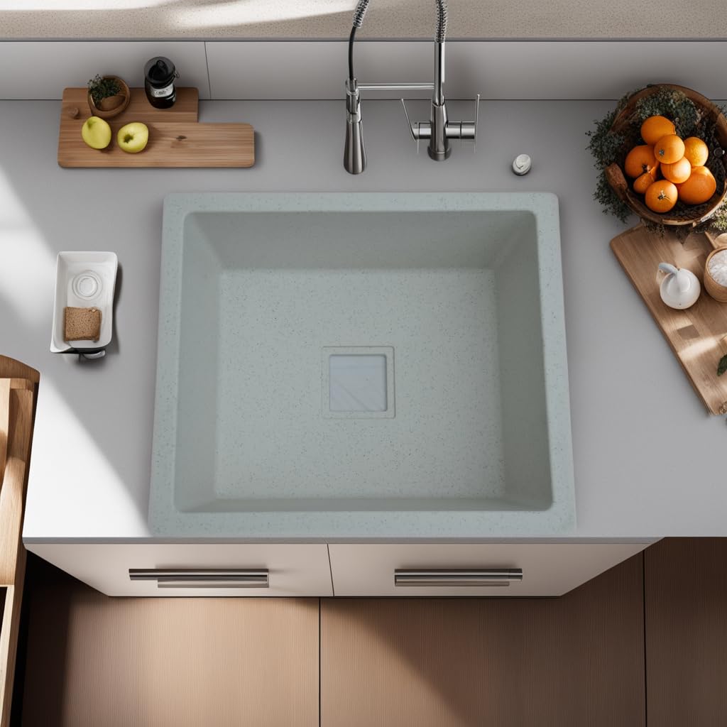 REMANENCE Granite Quartz Single Bowl Kitchen Sink With Drain Board (21 x 18 x 9 Inch)