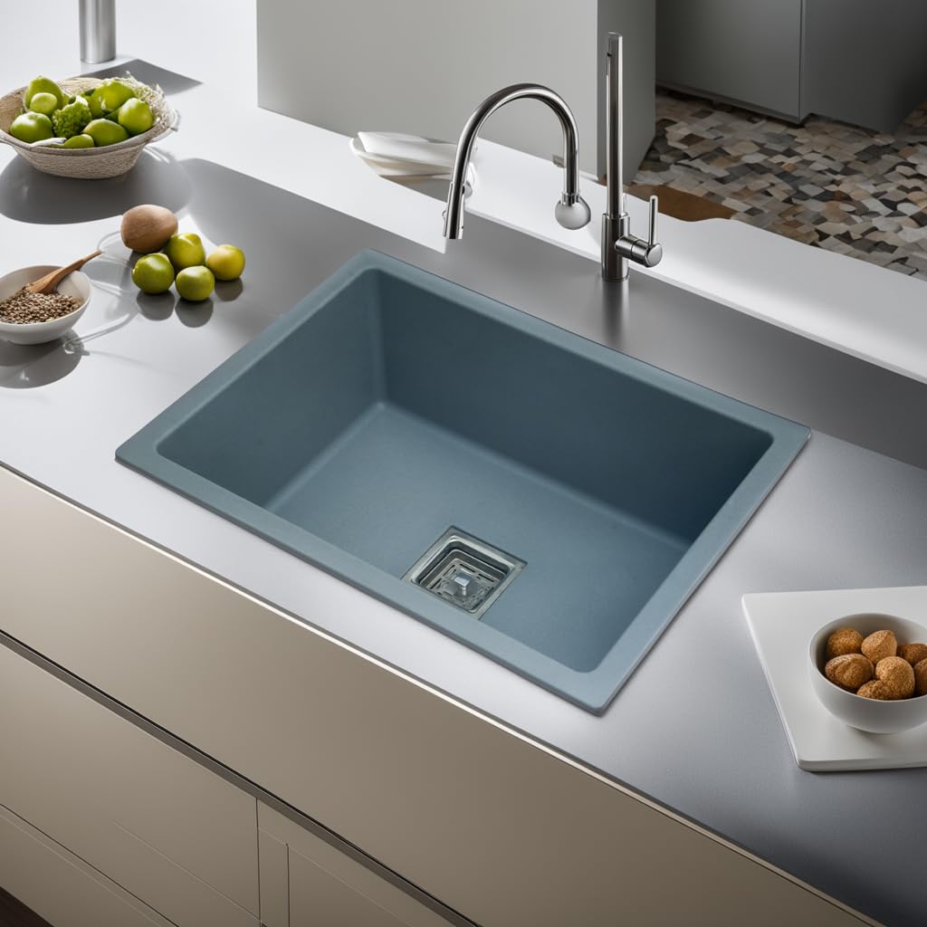 REMANENCE Granite Quartz Single Bowl Kitchen Sink With Drain Board (24 x 18 x 9 Inch)
