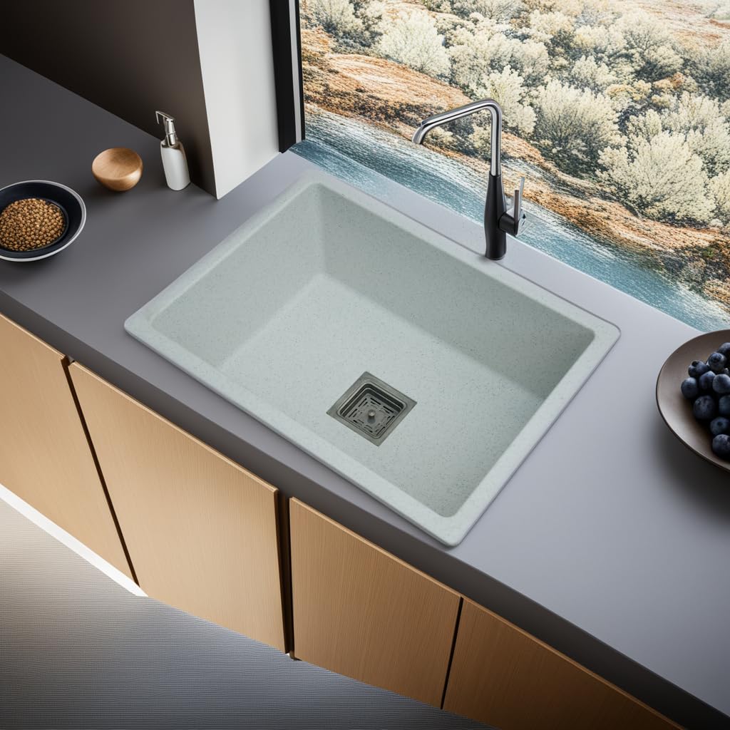 REMANENCE Granite Quartz Single Bowl Kitchen Sink With Drain Board (24 x 18 x 9 Inch)