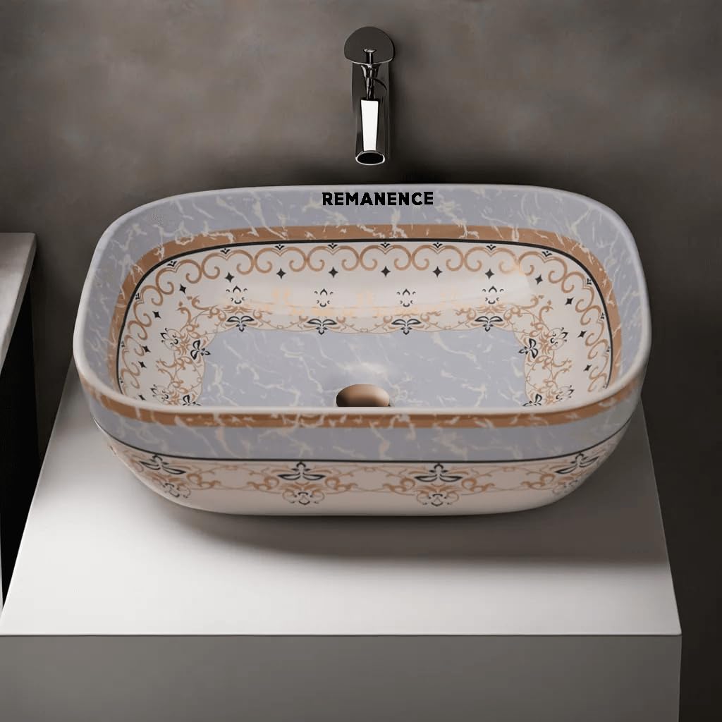 REMANENCE Premium Designer Table Top Wash Basin For Designer Bathrooms, Luxury Homes, Boutique Hotels (18 x 13 x 5.5 Inch) (AD 95 Moroccan White Blue Design)
