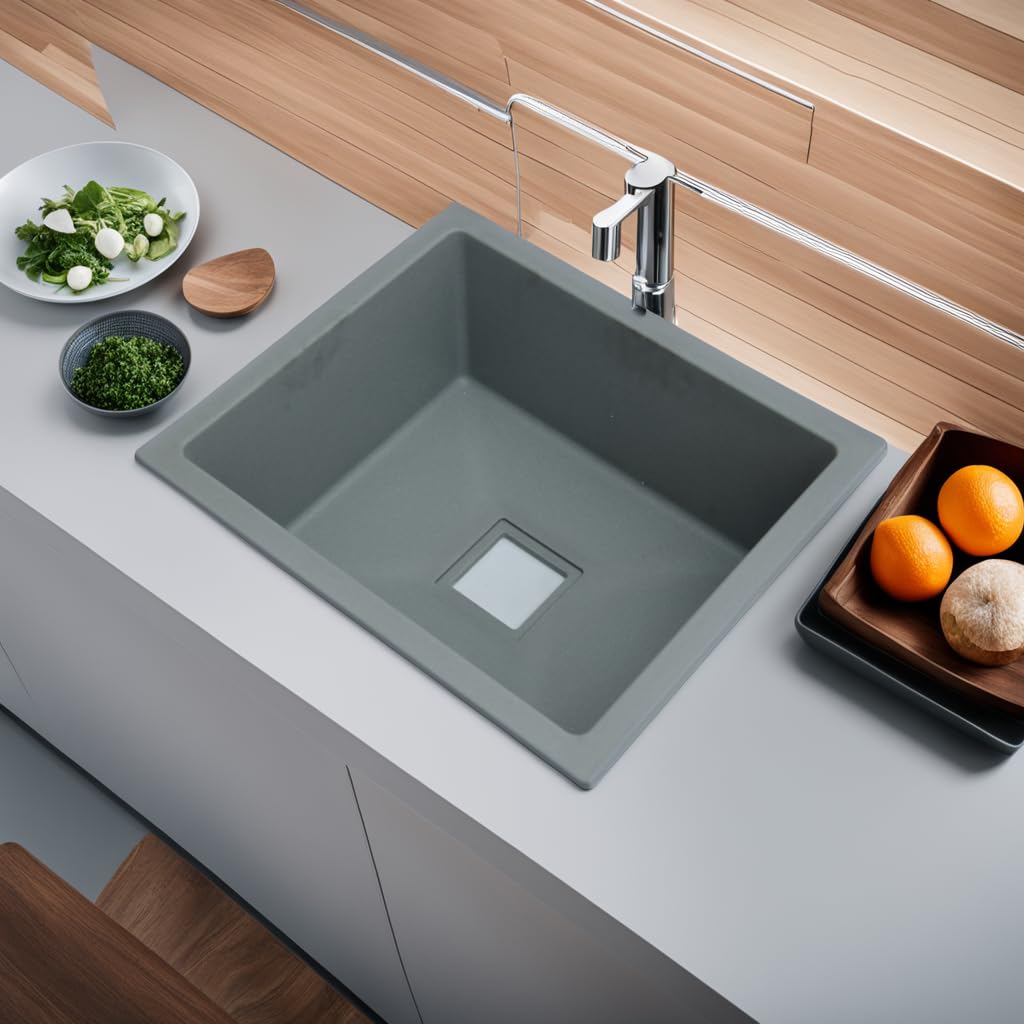 REMANENCE Granite Quartz Single Bowl Kitchen Sink With Drain Board (21 x 18 x 9 Inch)