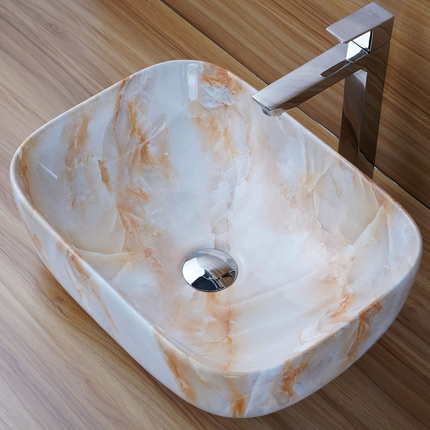 REMANENCE Designer Premium Table Top Wash Basin for Designer Showrooms, Fine-Dining Establishments, Upscale Hospitality Venues (18 x 13 x 5.5 Inch) (White-Cream Strip)
