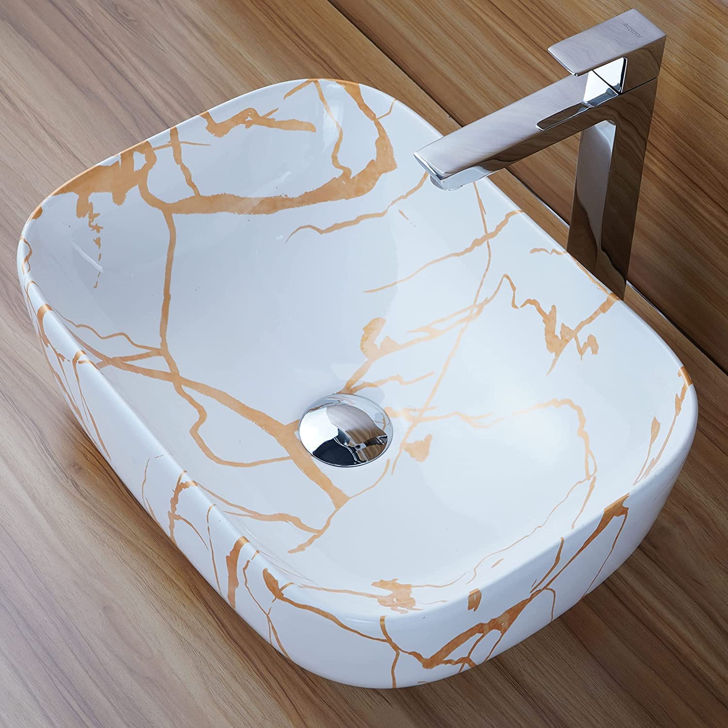 REMANENCE Premium Ceramic Countertop Wash Basin for Premium Restaurants & Cafés, Luxury Bathrooms, Showrooms & Offices (18 x 13 x 5.5 Inch) (Glossy-White N Golden)