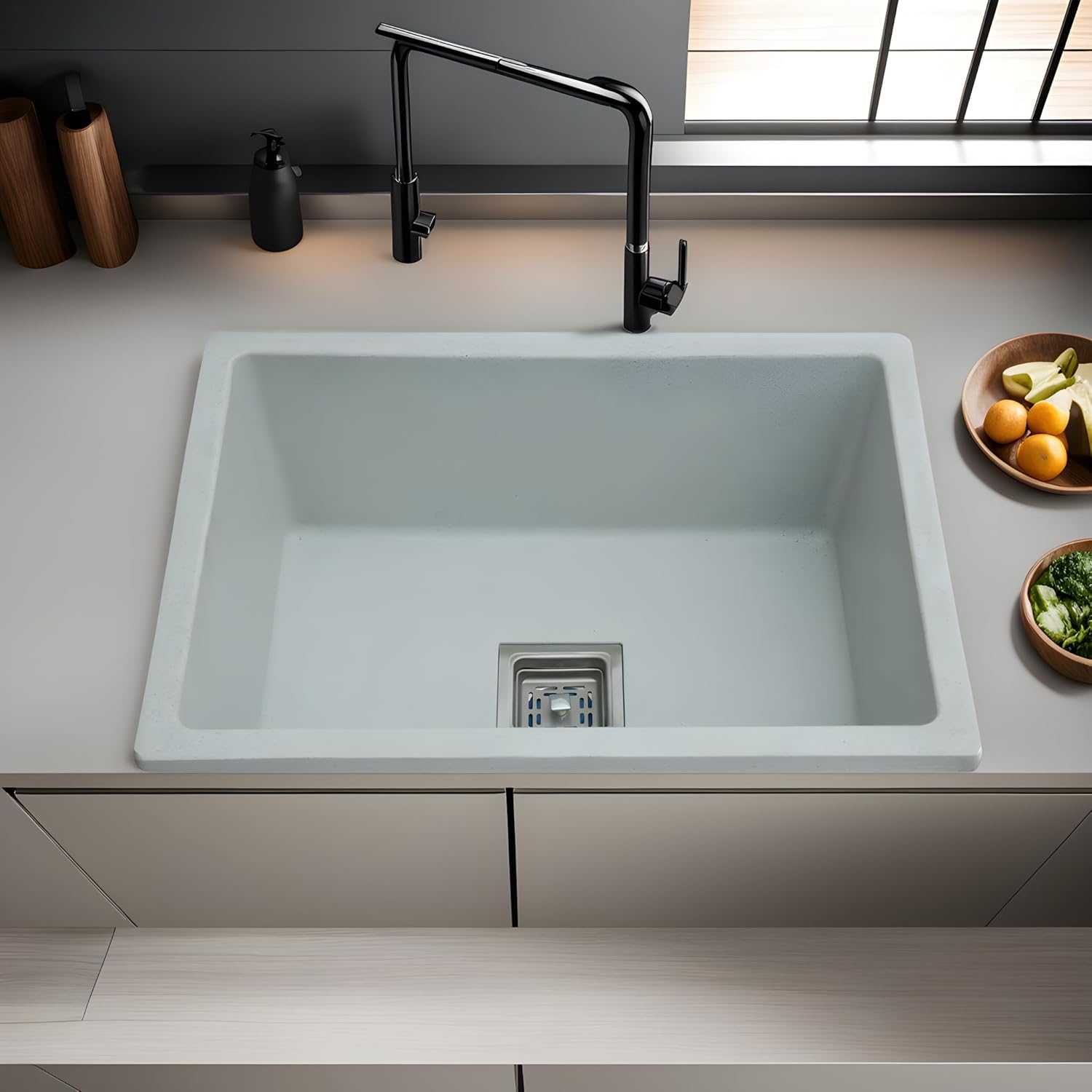 REMANENCE Granite Quartz Single Bowl Kitchen Sink With Drain Board (24 x 18 x 9 Inch)