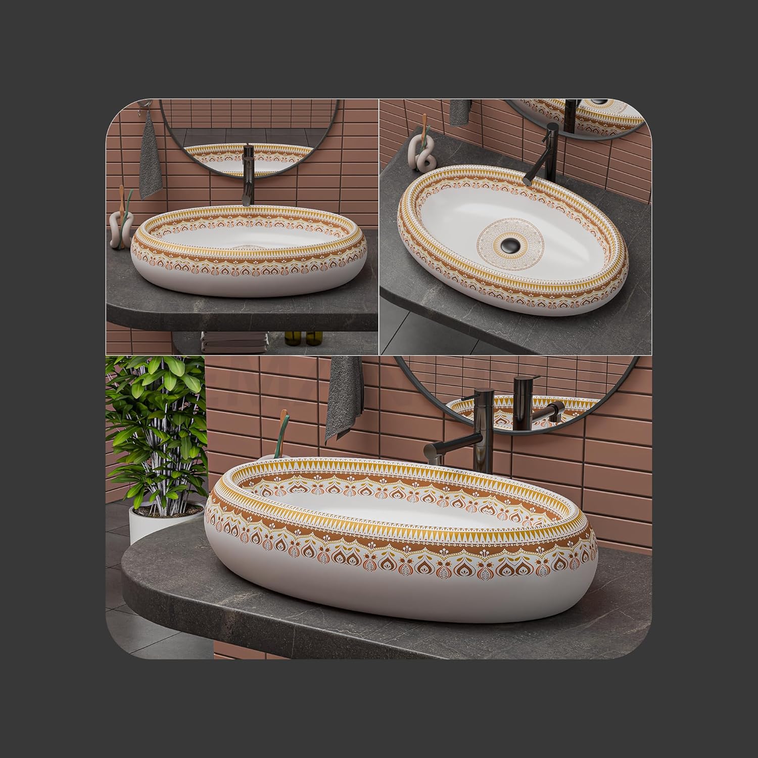 REMANENCE-ROUND Premium Countertop Wash Basin for Luxury Bathrooms, Boutique Hotels & Resorts, Premium Restaurants & Cafés (24 X 16 X 6 Inch) (T-2260)