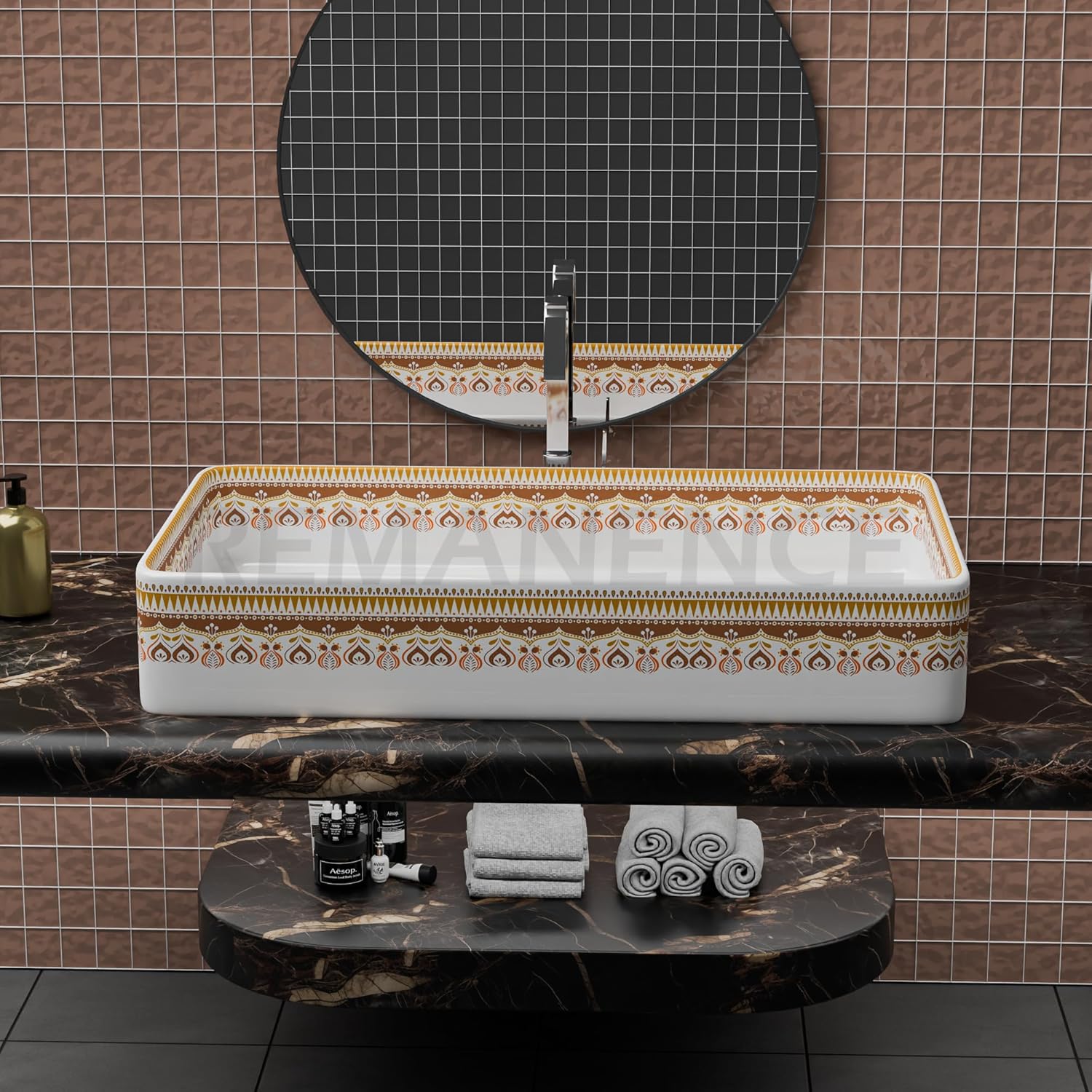 REMANENCE Designer Countertop Wash Basin For Bathroom, Restaurant, Living Room (24 x 14 x 5 Inch) (T-4460)