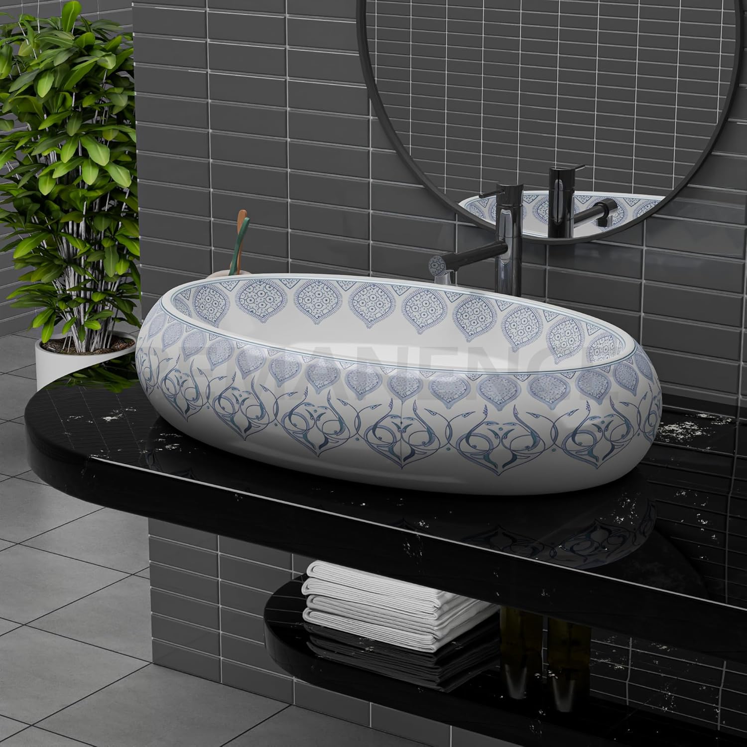 REMANENCE-ROUND Premium Countertop Wash Basin for Luxury Bathrooms, Boutique Hotels & Resorts, Premium Restaurants & Cafés (24 X 16 X 6 Inch) (T-2252)