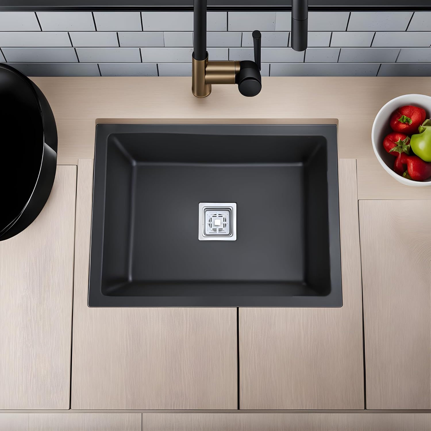 REMANENCE Granite Quartz Single Bowl Kitchen Sink With Drain Board (24 x 18 x 9 Inch)
