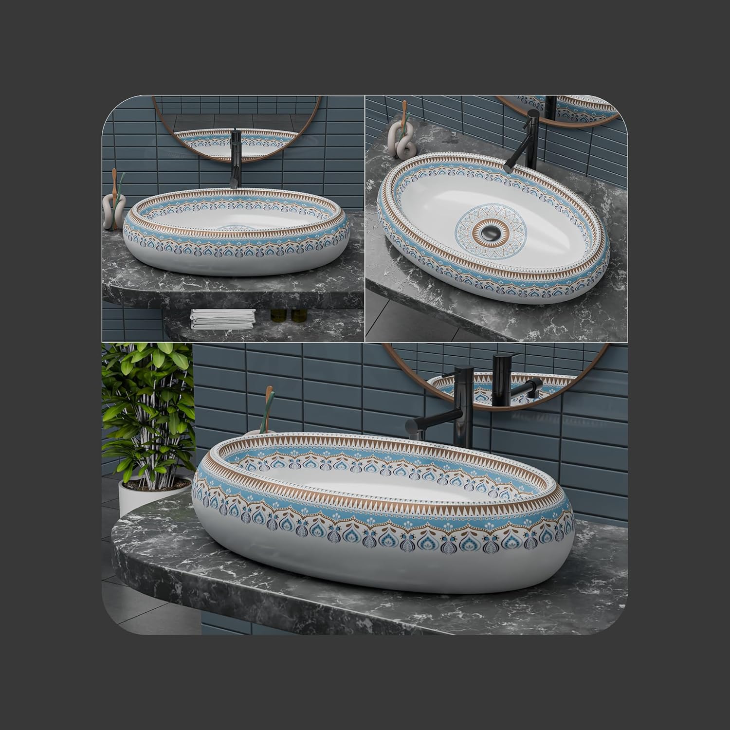 REMANENCE-ROUND Premium Countertop Wash Basin for Luxury Bathrooms, Boutique Hotels & Resorts, Premium Restaurants & Cafés (24 X 16 X 6 Inch) (T-2259)
