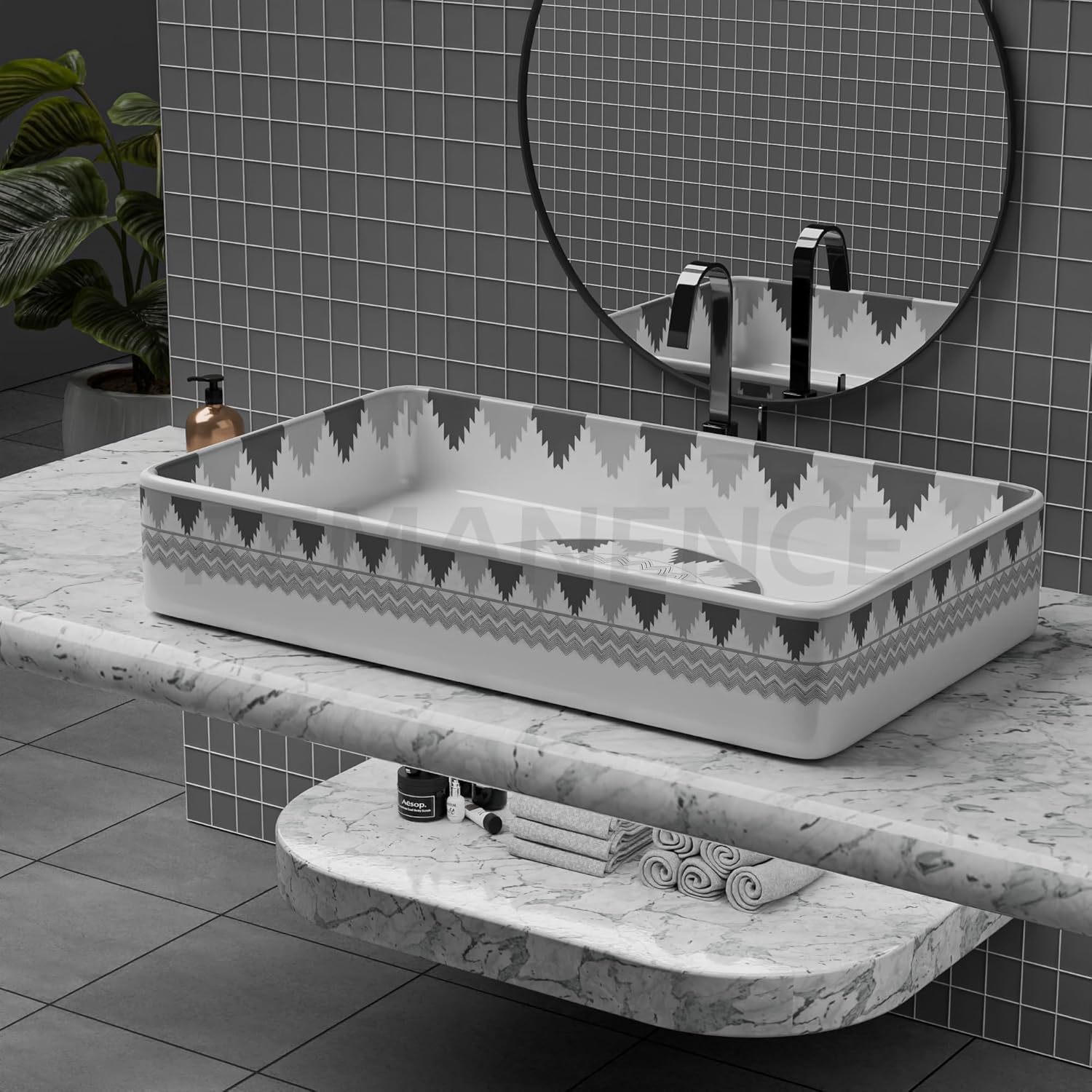 REMANENCE Designer Countertop Wash Basin For Bathroom, Restaurant, Living Room (24 x 14 x 5 Inch) (T-4456)