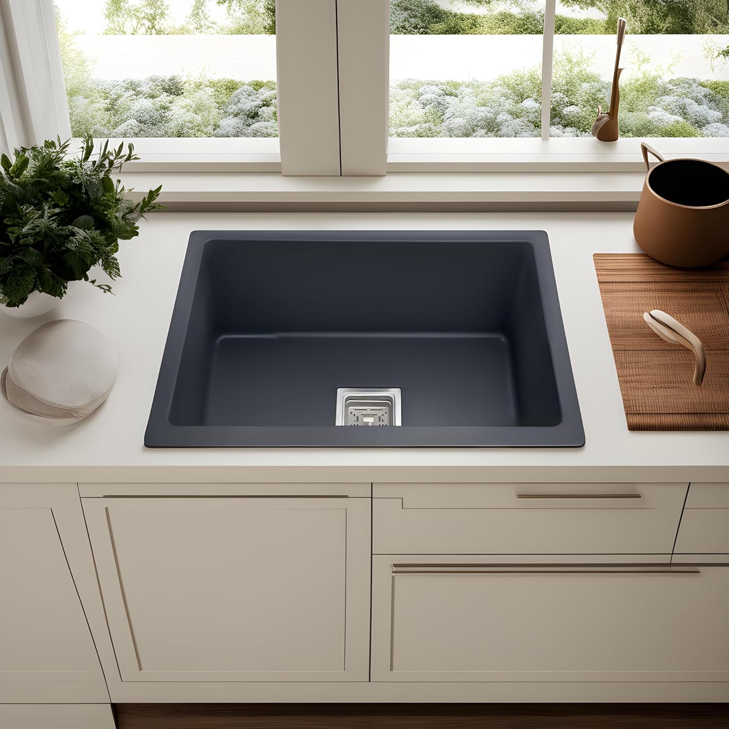 REMANENCE Granite Quartz Single Bowl Kitchen Sink With Drain Board (24 x 18 x 9 Inch)