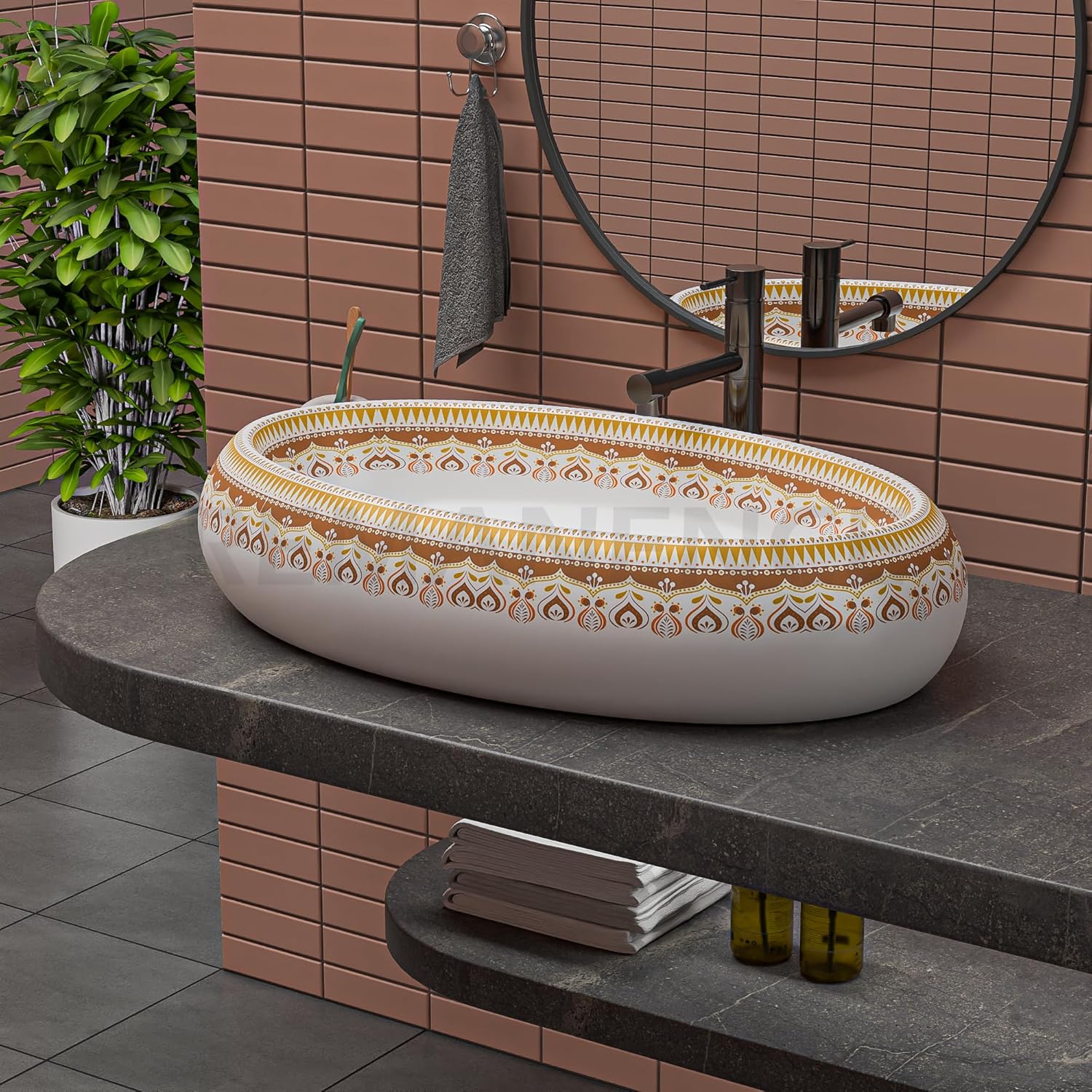 REMANENCE-ROUND Premium Countertop Wash Basin for Luxury Bathrooms, Boutique Hotels & Resorts, Premium Restaurants & Cafés (24 X 16 X 6 Inch) (T-2260)
