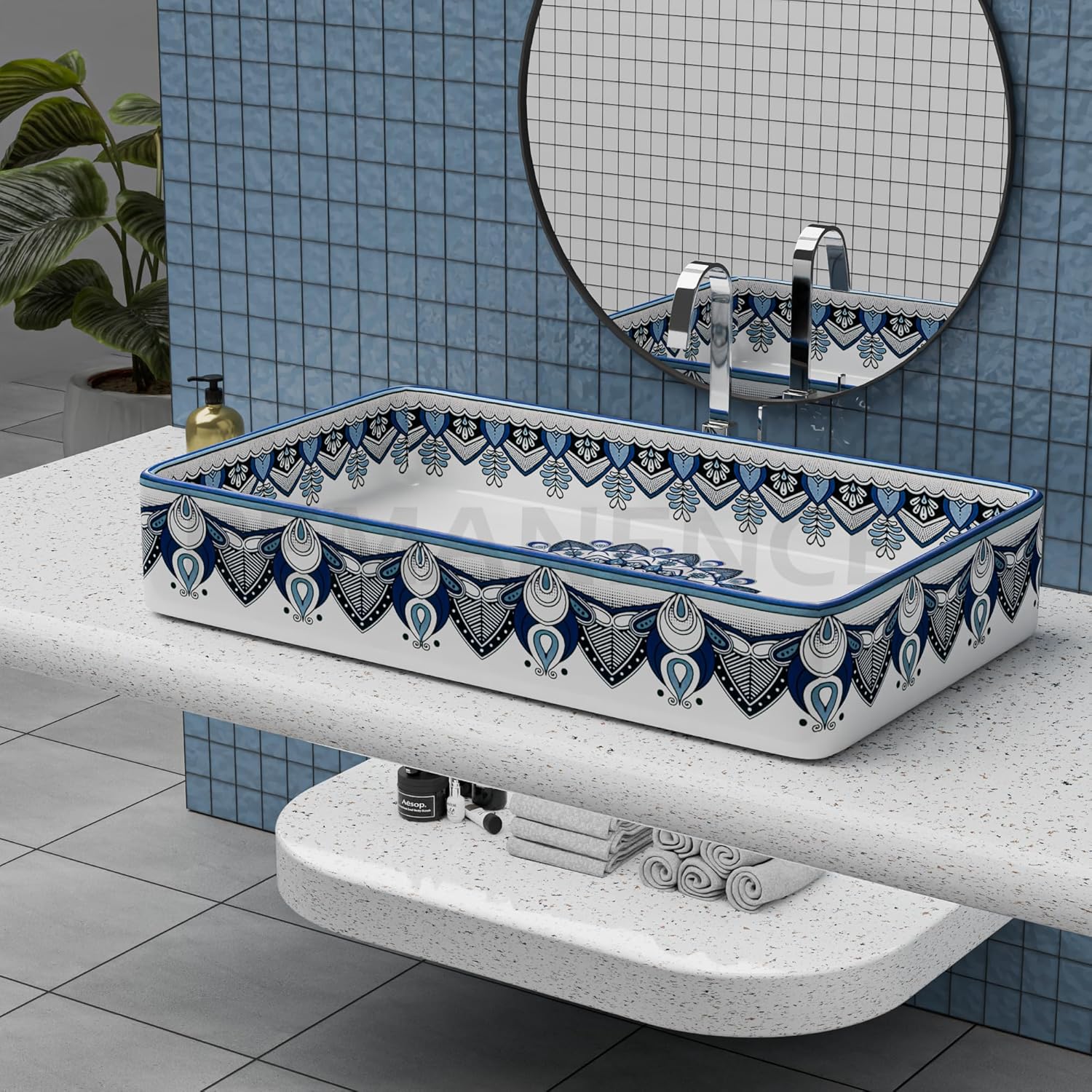 REMANENCE Designer Countertop Wash Basin For Bathroom, Restaurant, Living Room (24 x 14 x 5 Inch) (T-4457)